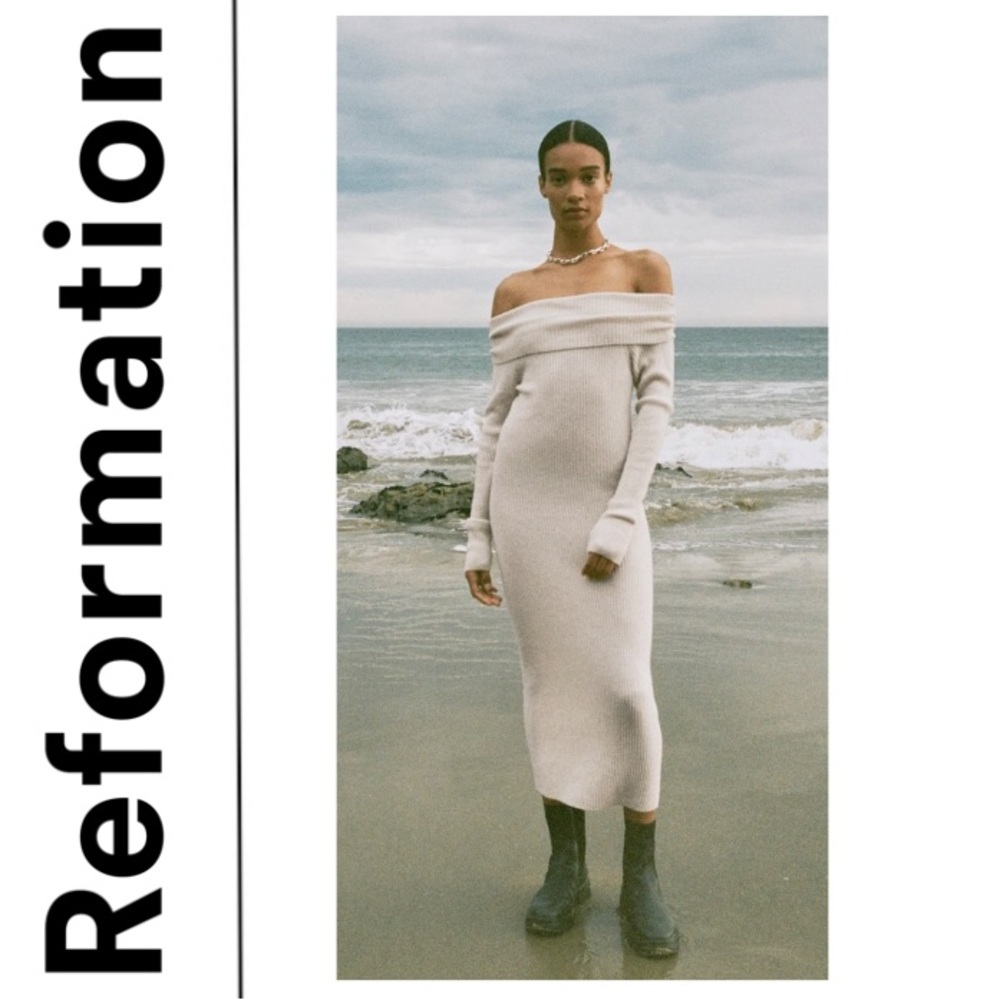Reformation Off-Shoulder Cream Dress